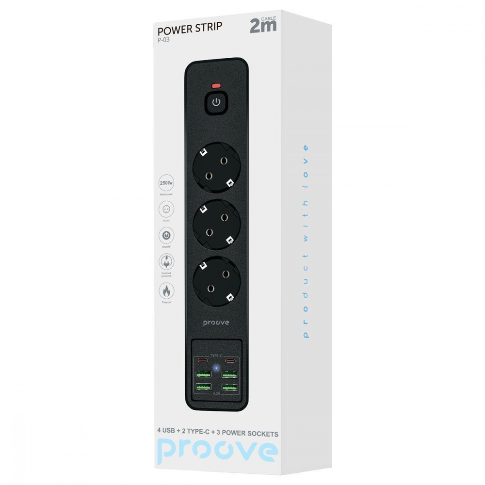 Мережевий фільтр Proove Power Strip P-03 (3 розетки + 4 USB + 2 Type-C) 2М — Придбати в Україні - фото 1