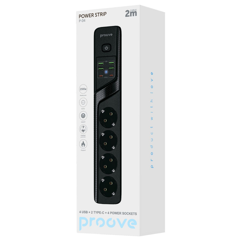 Мережевий фільтр Proove Power Strip P-04 (4 розетки + 4 USB + 2 Type-C) 2М black (PSP442420001) Чорний на малюнкі №2