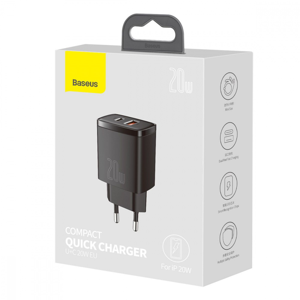 Wall Charger Baseus Compact Quick Charger 20W QC+ PD (1Type-C + 1USB) - фото 1