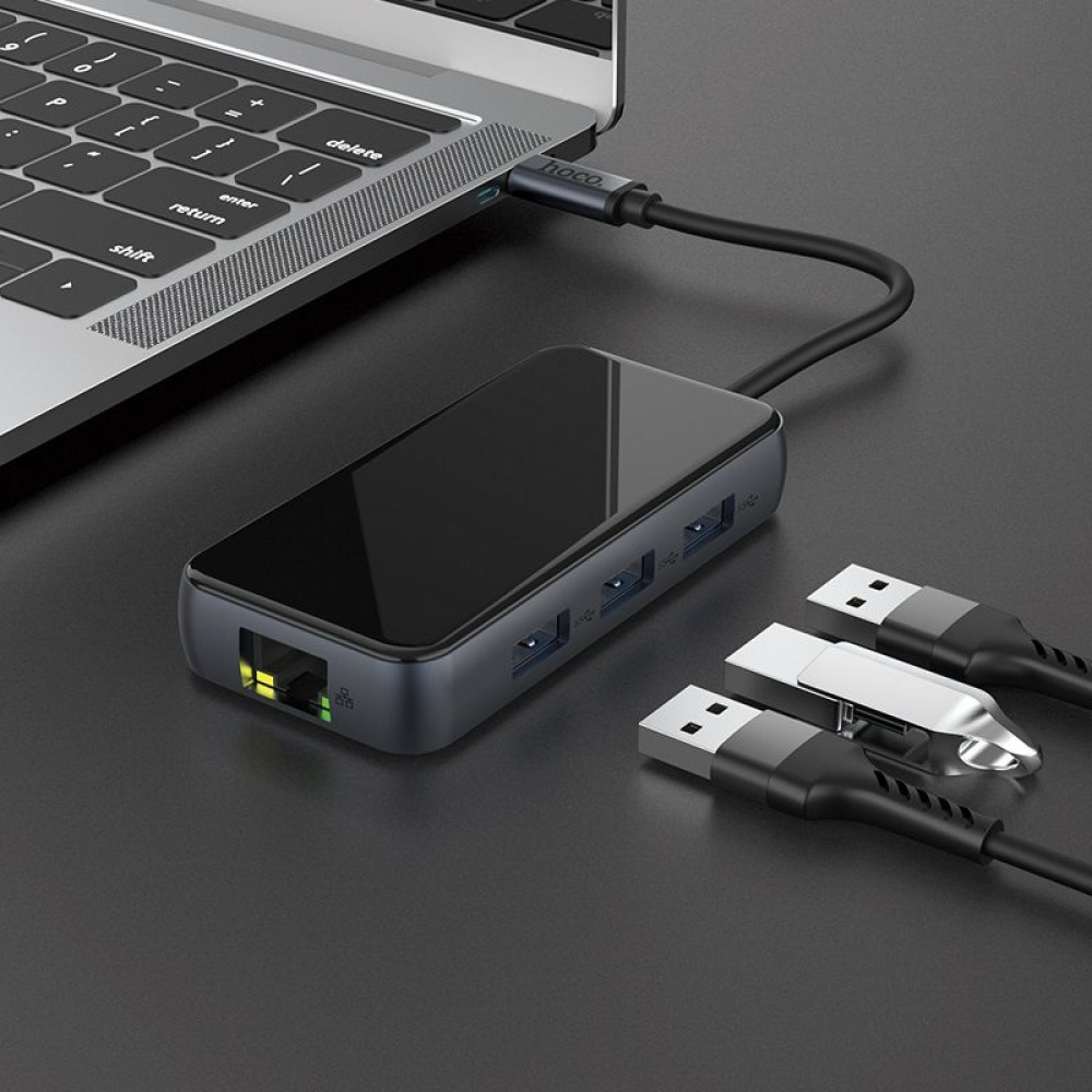 USB-Хаб Hoco HB16 Easy Expand (Type-C to USB3.0*3+HDMI+PD+RJ45) - фото 2