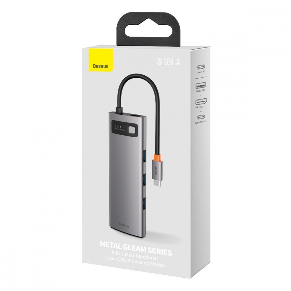 USB-Хаб Baseus Metal Gleam Series 8-in-1 (3xUSB3.0 + 4KHD + RJ45 + Type-C + TF + SD) - фото 1