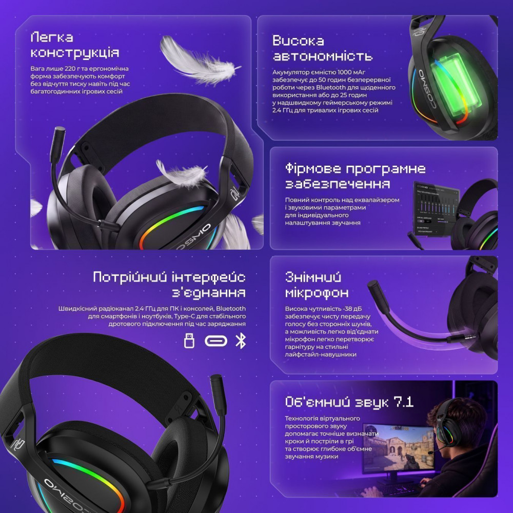 Бездротова ігрова гарнітура Proove Gaming Cosmo (APP) black/purple
