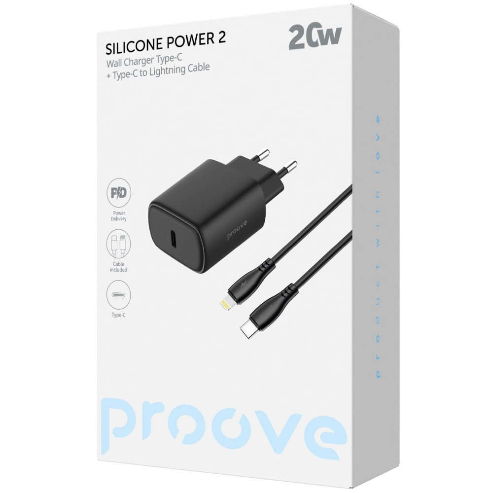 МЗП Proove Silicone Power 2 20W (Type-C) + Cable Type-C to Lightning (1m) black на малюнкі №2