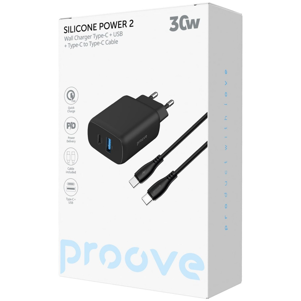 МЗП Proove Silicone Power 2 30W (Type-C + USB) + Cable Type-C to Type-C (1m) white на малюнкі №2