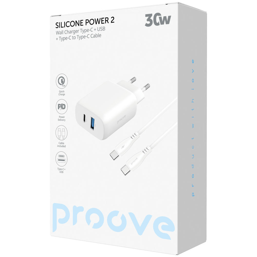 СЗУ  Proove Silicone Power 2 30W (Type-C + USB) +  КабельType-C to Type-C (1m) - фото 1