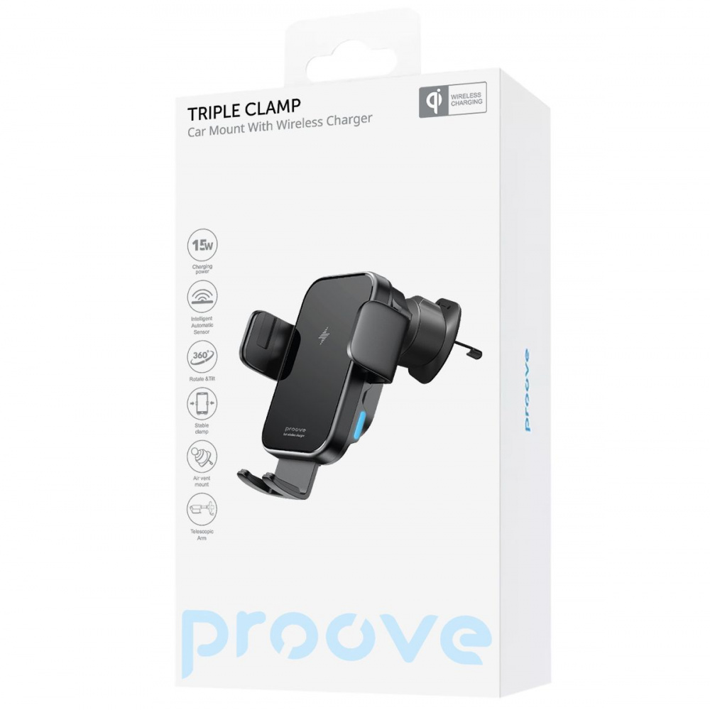 Автомобільний тримач з Бездротовим ЗП Proove Triple Clamp 15W — Придбати в Україні - фото 1