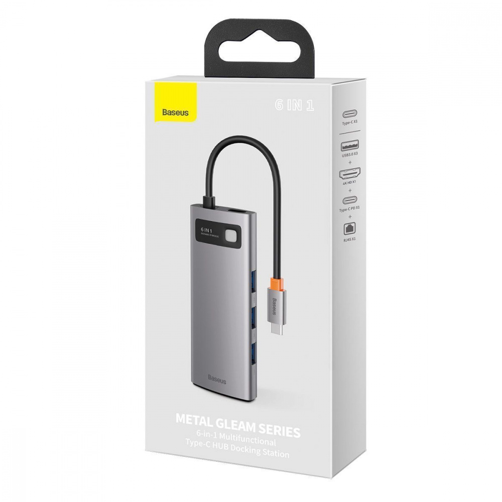 USB-Хаб Baseus Metal Gleam Series 6-in-1 (3xUSB3.0 + 4KHD + RJ45 + Type-C) - фото 1