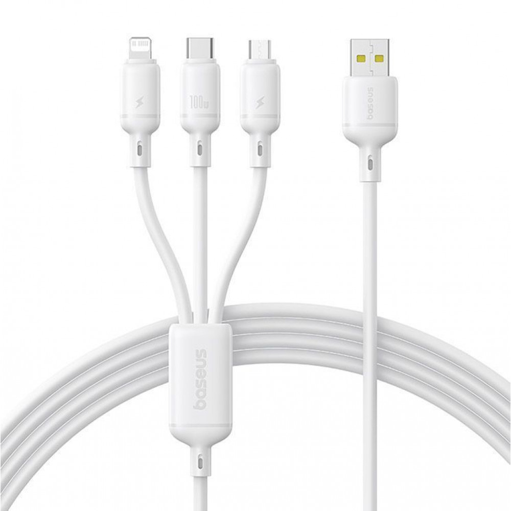 Кабель Baseus Silky One-for-Three Fast Charging USB to Micro USB+Lightning+Type-C 100W 1.5m white